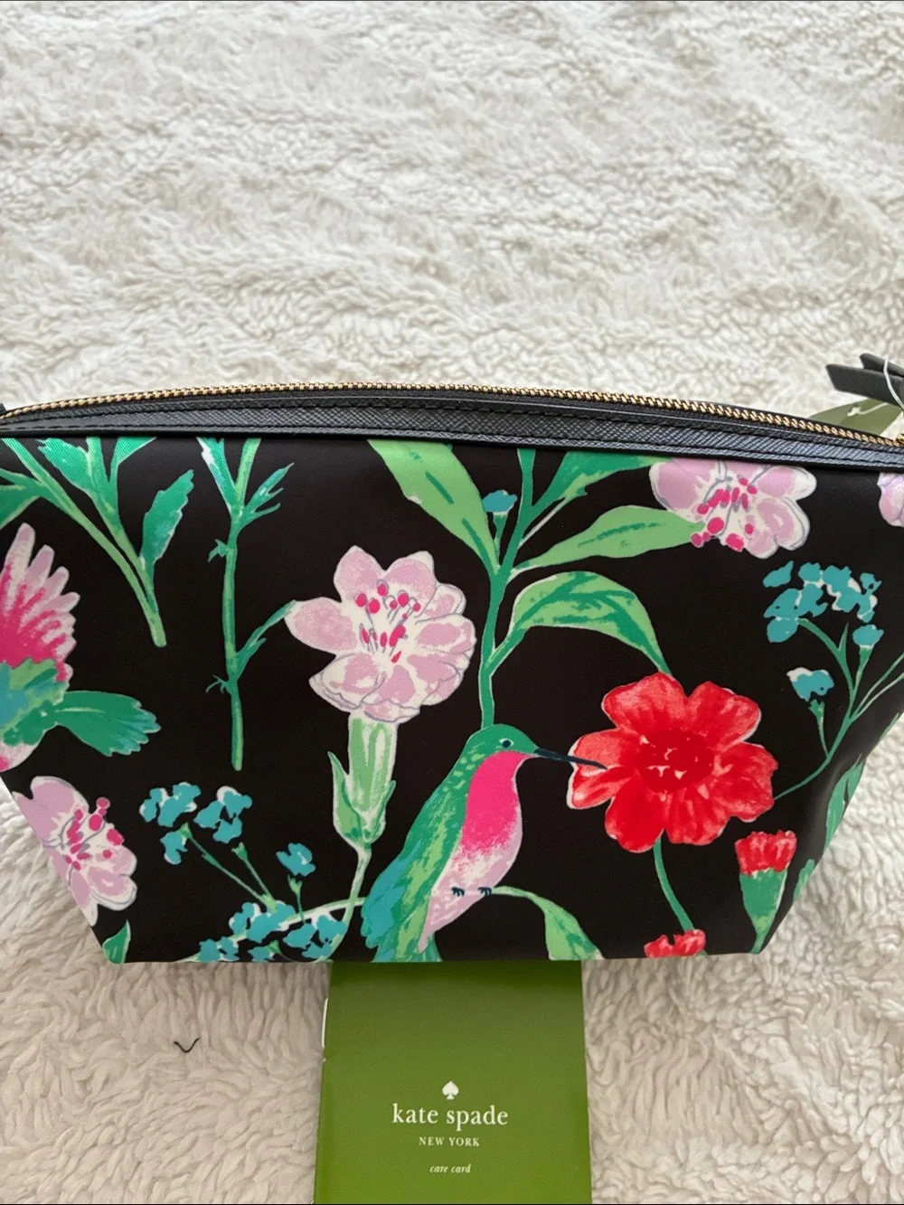 kate spade Black Floral Zip Cosmetic Pouch with Red & Pink Blooms